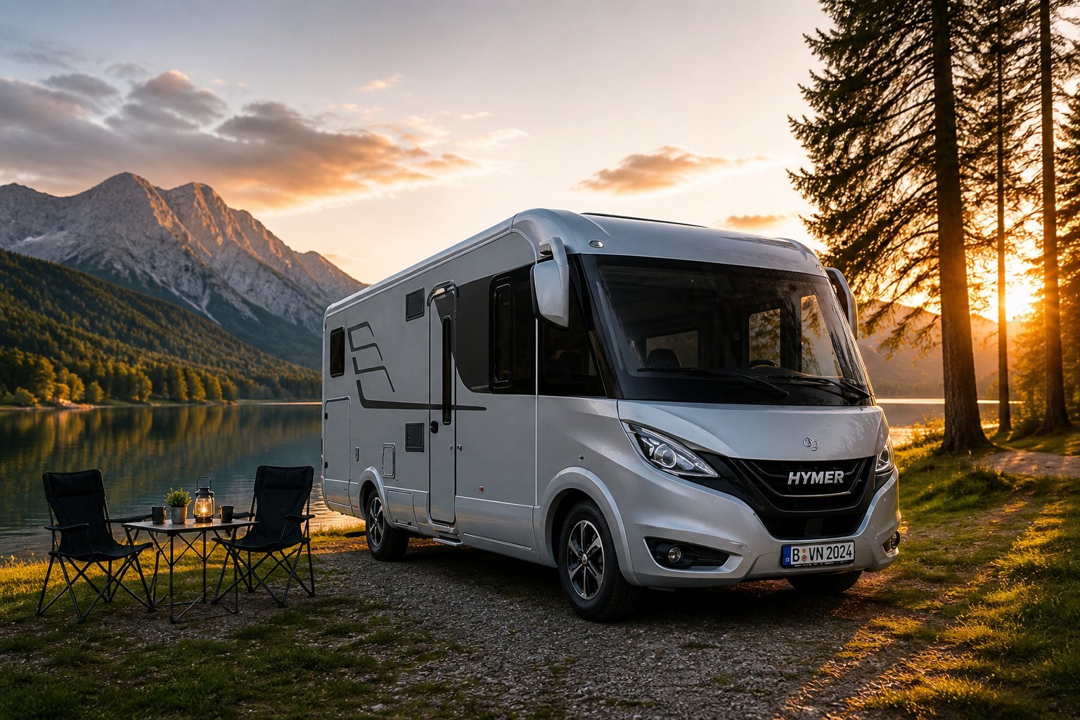 Karavan HYMER pri jazere v horách pri západe slnka